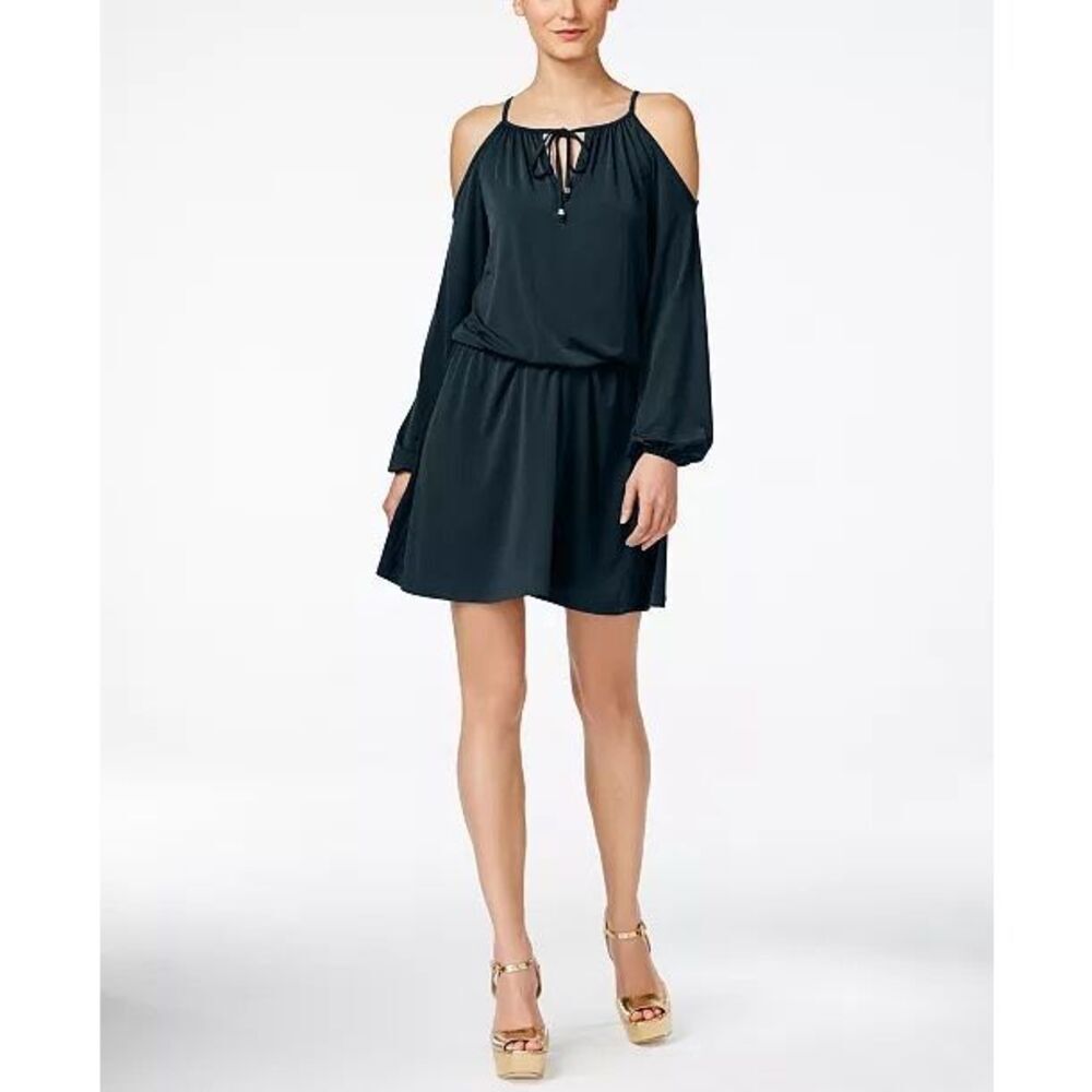 Michael Kors Cold-Shoulder Peasant Dress XL Little Black Boho Above Knee